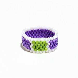 Handmade Beaded Ring, White, Purple, Green Band, Size 5.5